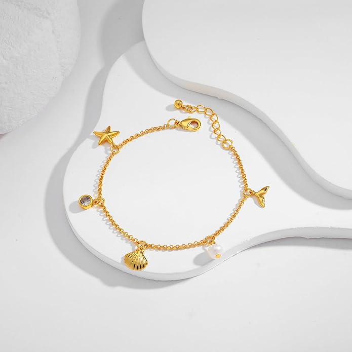 Gold Charm Bracelet for Women Boho Adjustable Shell Starfish Bracelet Summer Beach Ocean Statement Bracelets