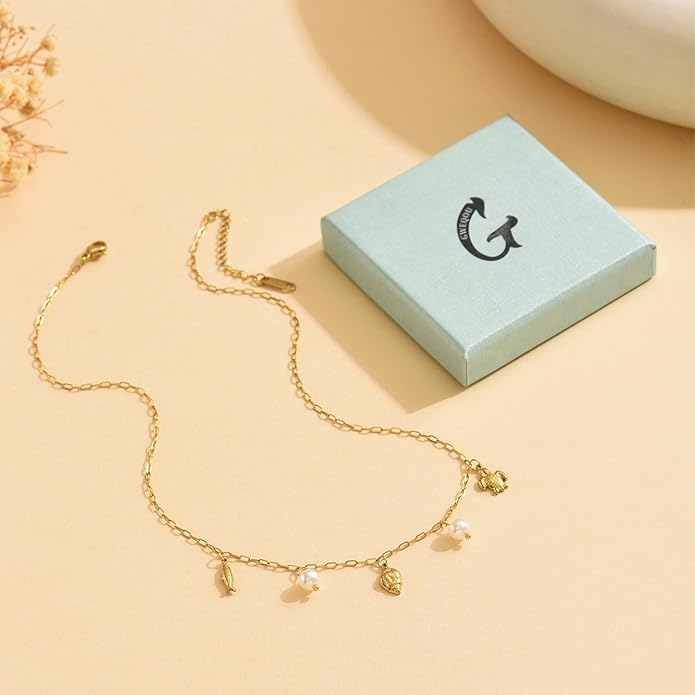 Anklets for Women Dainty CZ Ankle Bracelet 18K Gold Plated Waterproof Boho Dot Star Moon Daisy Ocean Beaded Anklet Trendy Foot Jewelry