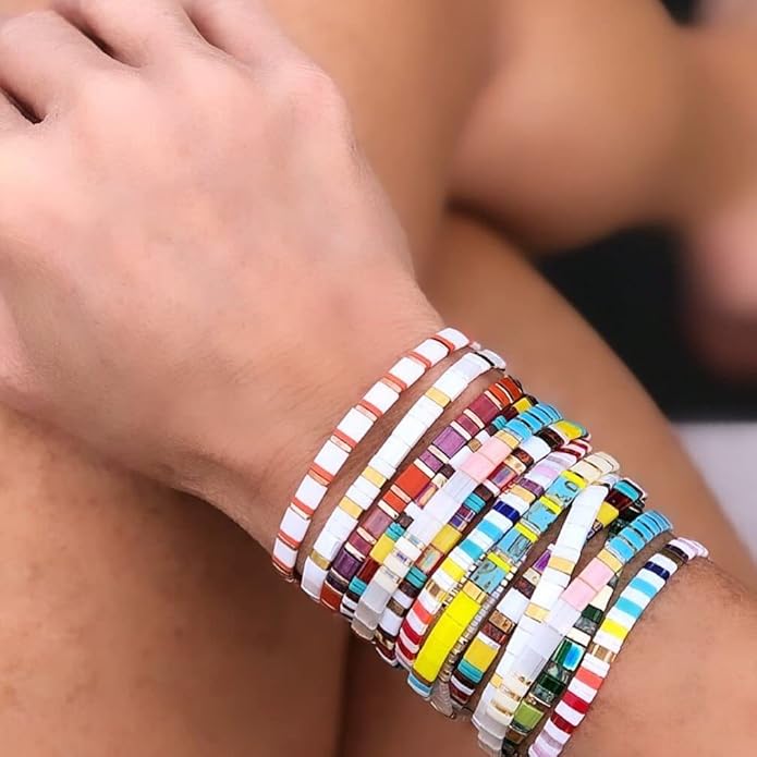 Sonateomber Tila Flat Beaded Stretch Bracelets for Women, Trendy Unique Colorful Square Beads Handmade Stack Bracelet Friendship Accessories Fashion Jewelry Gift