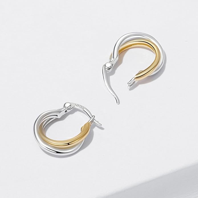 WOSTU 14K Gold Plated Two-Tone Oval Hoop Earrings for Women, Water Drop Design Lightweight Huggie Earrings,925 Sterling Silver Posts Double Drop Chunky Hoops Hypoallergenic Ear Buckles