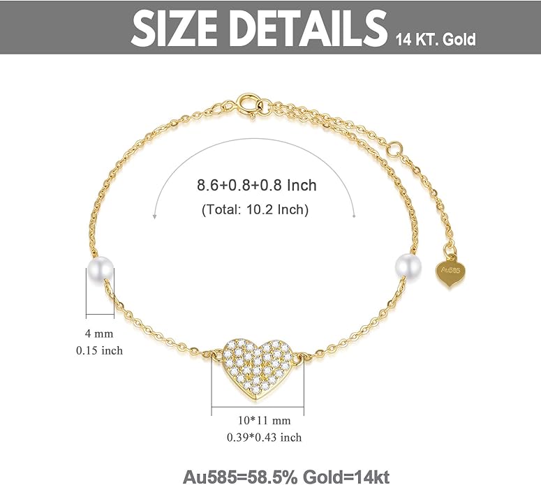 14k Gold Heart Anklet for Women, Real Gold Pearl Love Jewelry Ankle Bracelets Gifts for Wife/Girlfriend, Present for Her, 8.6"-10.2"