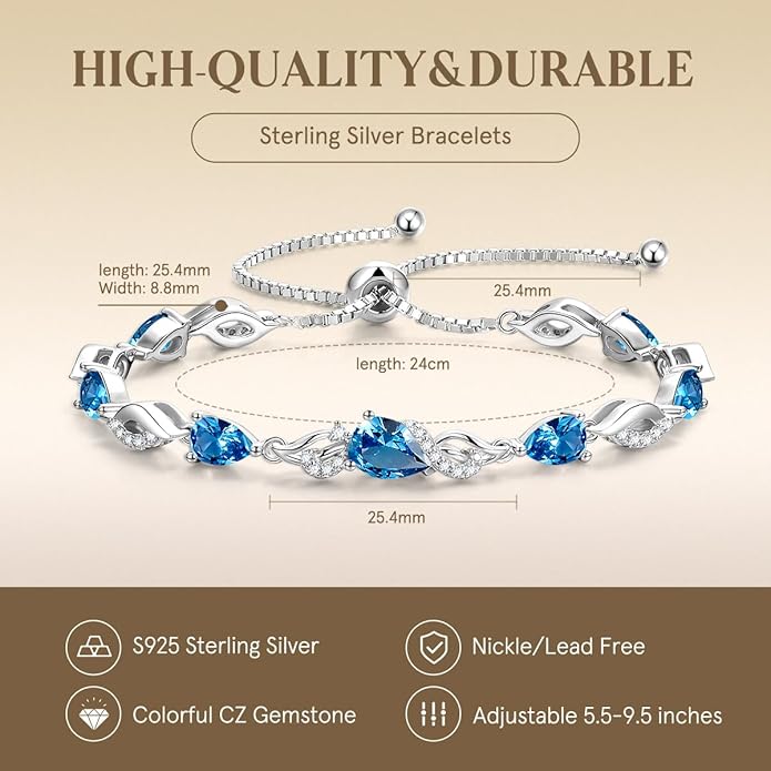 FANCIME Birthstone Teardrop Tennis Bracelet for Women, Sterling Silver 9x7mm main Gemstone Bolo Adjustable Chain Bracelet Fine Jewelry Birthday Gifts for Women Mom Wife Her