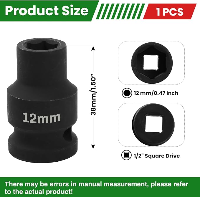 1/2" Drive 12mm Deep Impact Socket, 6 Point Chrome Molybdenum Steel Heavy Duty - Image 2