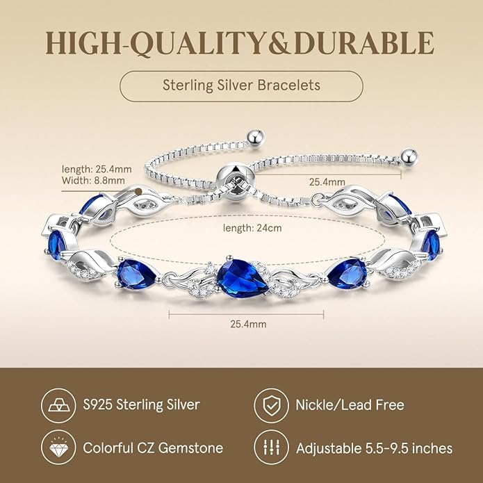 FANCIME Birthstone Teardrop Tennis Bracelet for Women, Sterling Silver 9x7mm main Gemstone Bolo Adjustable Chain Bracelet Fine Jewelry Birthday Gifts for Women Mom Wife Her