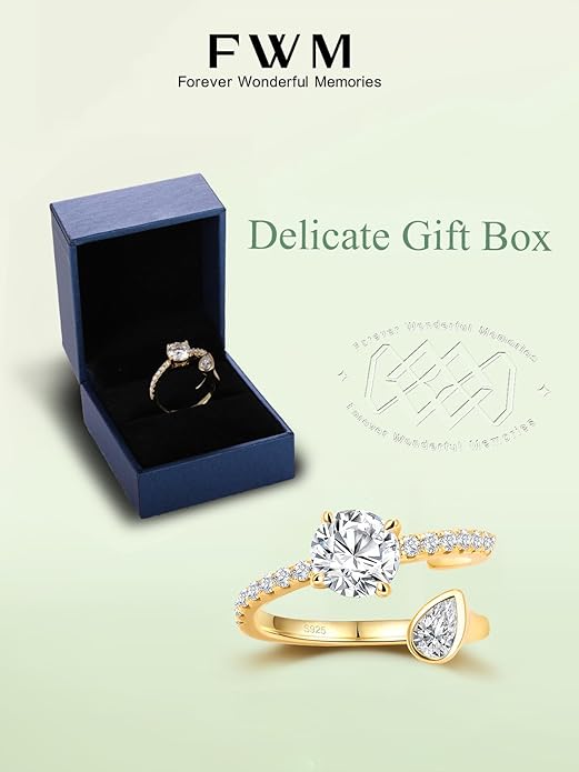 FWM Round Cut Moissanite Simple Open Rings for Women, Adjustable Ring, Solid Sterling Silver With Gold Plated, Stackable Wedding Band, Anniversary Valentines Mothers Day Christmas Gift