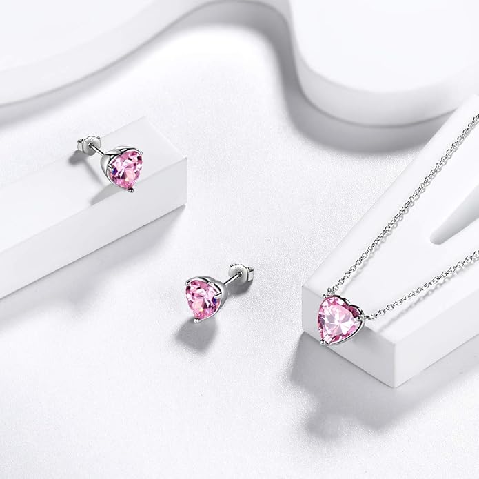 Aurora Tears Hearts Necklace Earrings Jewelry Sets - Women 925 Sterling Silver Birthstone Pendants Earrings Set Crystal Wedding Birthday Jewelry