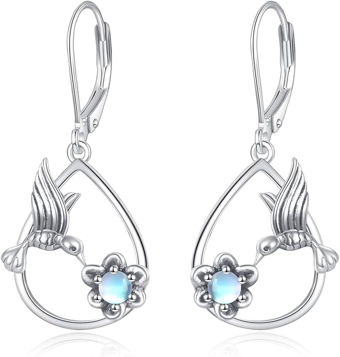 Hummingbird with Moonstone Dangle Earrings 925 Sterling Silver Hummingbird Leverback Earrings for Women