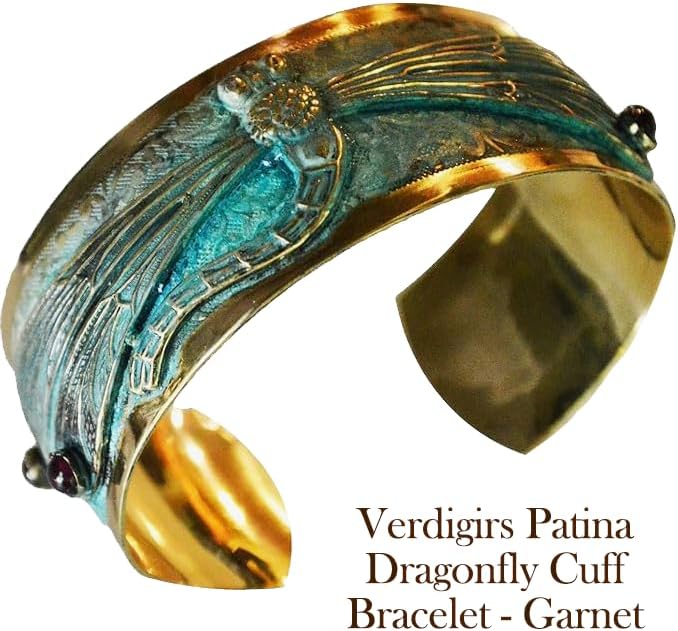 Elaine Coyne Collectible Artwear Verdigris Patina Solid Brass Decorative Dragonfly Cuff - Genuine Garnet