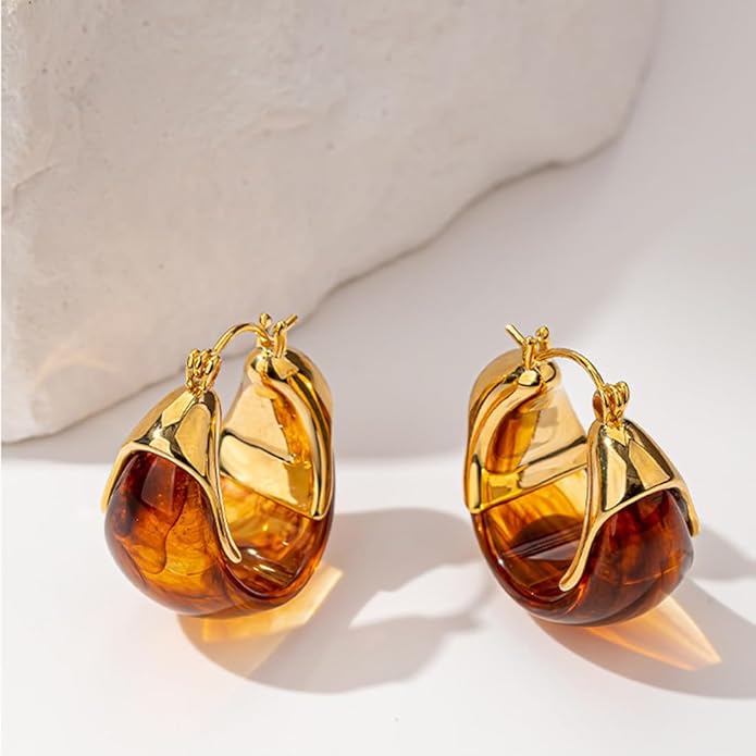 Brown 14k Gold Plated Amber Resin Hoop Earrings for Women Trendy, Retro Chunky Lightweight Hoop Drop Statement Jewelry Earrings for Party Wedding