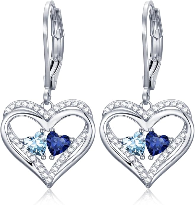 Valentines Day Gifts for Women, Heart Leverback Earrings Double Birthstone Dangle Earrings for Women, Love Jewelry for Her, Anniversary Birthday Gift for Mom Wife Girlfriend