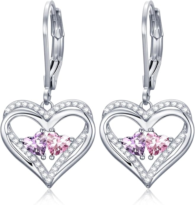 Valentines Day Gifts for Women, Heart Leverback Earrings Double Birthstone Dangle Earrings for Women, Love Jewelry for Her, Anniversary Birthday Gift for Mom Wife Girlfriend