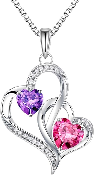 Iefil Valentines Day Gifts for Her - 925 Sterling Silver Double Birthstone Necklace, Heart Necklaces for Women, Anniversary Birthday Gifts, Personalized Jewelry Gift for Wife Mom Girlfriend
