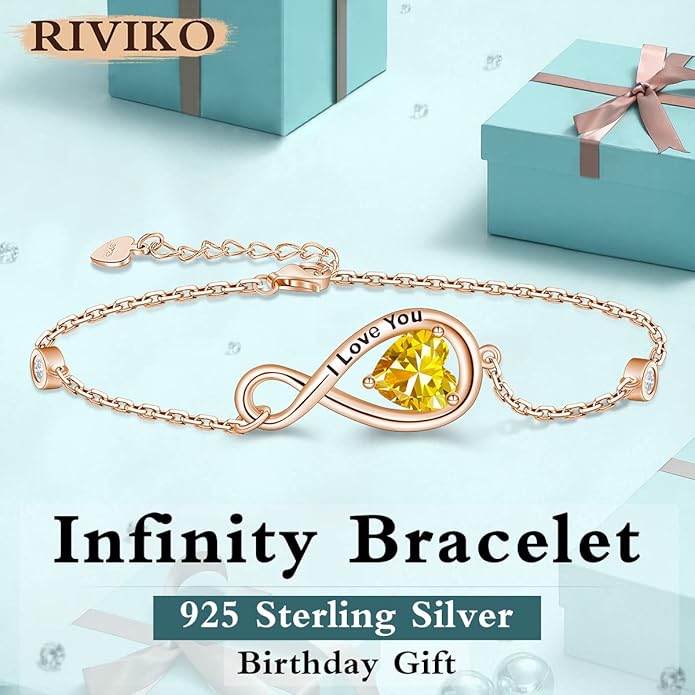RIVIKO Infinity Love Heart Symbol Charm Bracelet for Women 925 Sterling Silver Adjustable Birthday Valentine’s Day Christmas Mothers Day Jewelry Gift for Mom Women Wife Her Friends