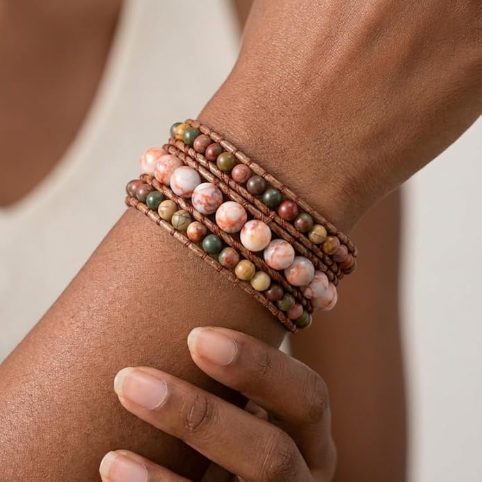 YGLINE Boho Handmade Natural Stone Bead 3 Row Wide Wrap Wrist Statment Bracelet Jewelry Collection