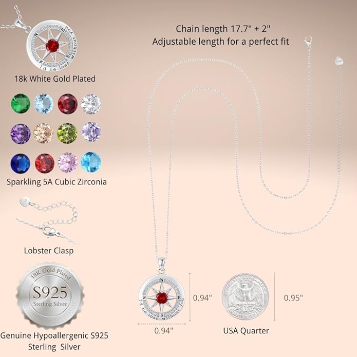 Compass Necklace for Women Wife Girlfriend Mom Daughter Gifts S925 Sterling Silver Jewelry For Anniversary Rose Gold Gifts For Birthday Christmas Mothers Valentines Day 12 Birthstones