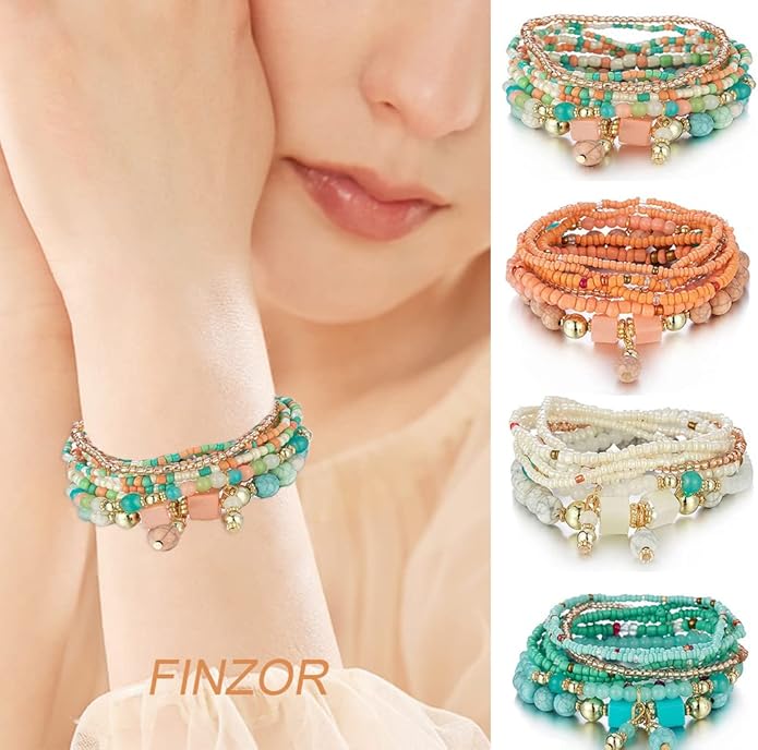 8 Sets Bohemian Stackable Bead Bracelets for Women Bohemian Bracelets Stretch Multi Layered beads Bracelet Set Boho Multicolor Jewelry