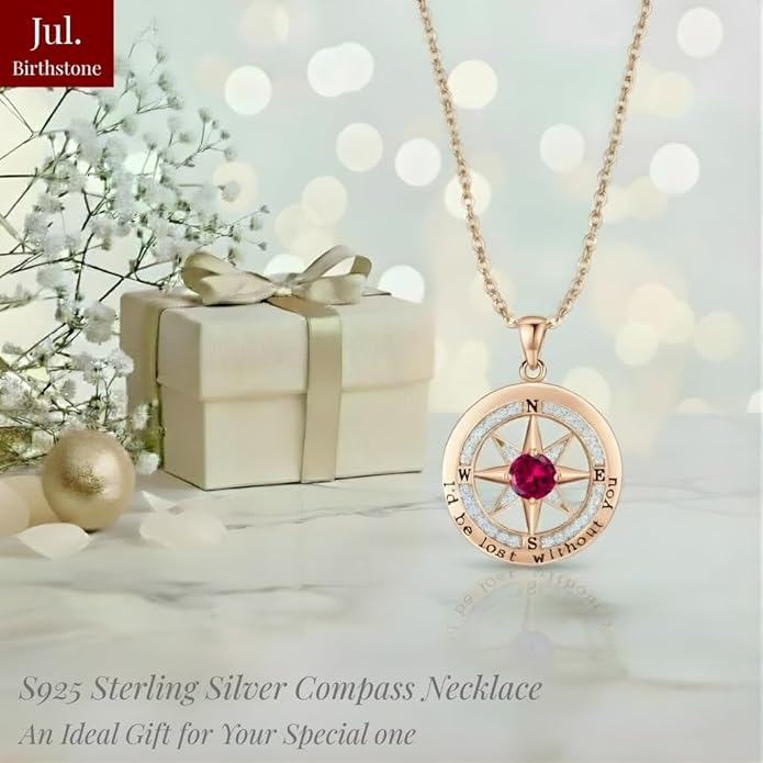 Compass Necklace for Women Wife Girlfriend Mom Daughter Gifts S925 Sterling Silver Jewelry For Anniversary Rose Gold Gifts For Birthday Christmas Mothers Valentines Day 12 Birthstones