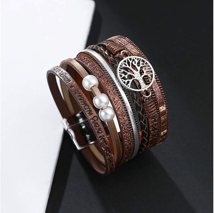 Fesciory Leopard Bracelet for Women, Boho Leather Wrap Multi-Layer Pearl Crystal Bracelet Bangle Jewelry