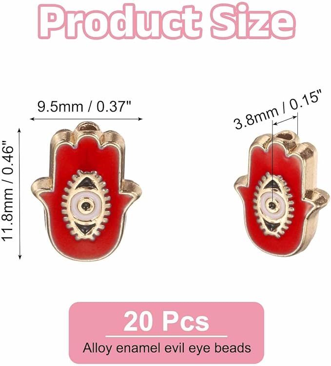 MECCANIXITY 20 Pcs Hand Evil Eye Beads Colorful Flat Loose Spacer Evil Eye Charms for DIY Bracelet Earrings Necklace Crafts Jewelry Making, Red