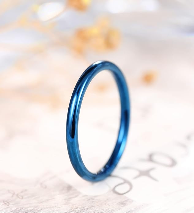 TIGRADE 2mm 4mm Blue Titanium Ring Plain Dome High Polished Wedding Band Comfort Fit for Women Men Size 3.5-13