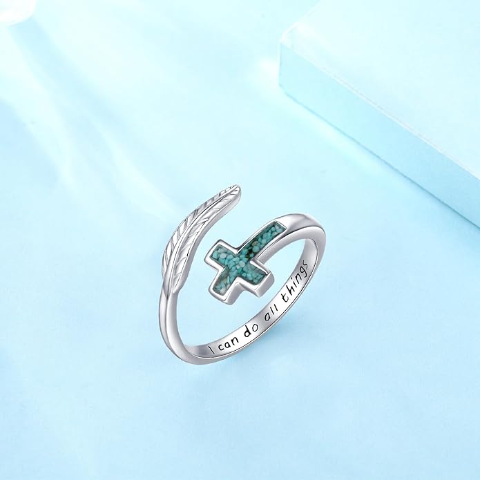Turquoise/Moss Agate/Moonstone/Black Onyx/Lapis Lazuli/Labradorite/Tiger Eye Feather Ring 925 Sterling Silver Adjustable Ring Western Thumb Rings Vintage Jewelry Gifts for Women