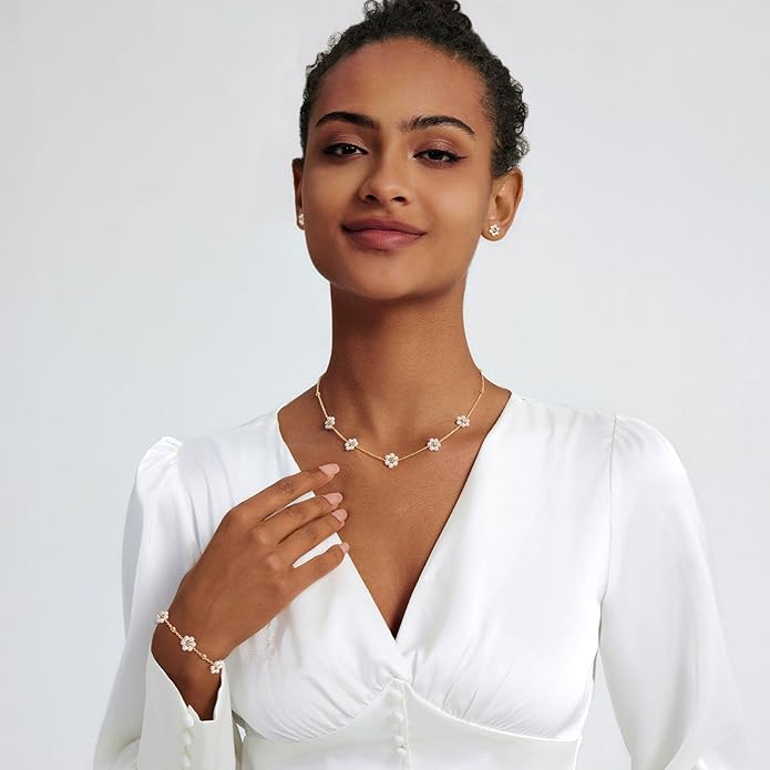 Zeffy Gold Pearl Necklace for Women, Dainty 14K Gold/Silve Plated Layered Pearl Choker Pearl Earrings Pearl Bracelets Wedding Trendy Gold Jewelry Set for Women Gifts