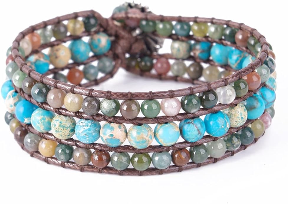 YGLINE Boho Handmade Natural Stone Bead 3 Row Wide Wrap Wrist Statment Bracelet Jewelry Collection
