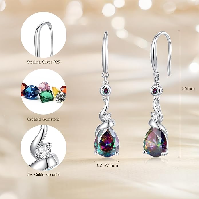 FANCIME Women Drop Earrings 925 Sterling Silver with Pear Gemstone Dangle Birthstone Earring Fine Jewelry Birthday Gifts for Women