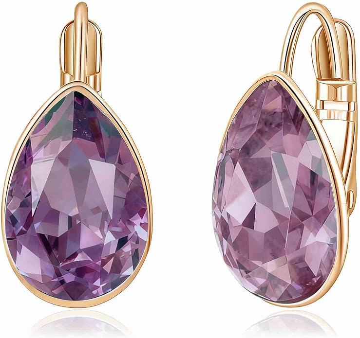 Teardrop Austrian Crystal Leverback Drop Earrings for Women 14K Rose Gold Plated Hypoallergenic Jewelry