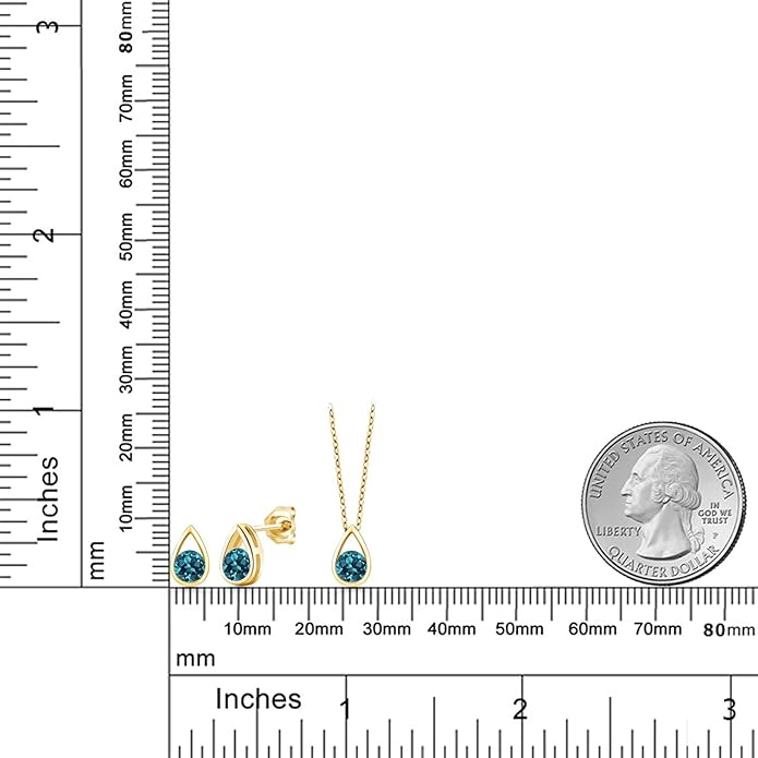 Gem Stone King 18K Yellow Gold Plated Silver 5MM Round Gemstone Birthstone Teardrop Pendant Earrings Set | Jewelry Set for Women | With 18 Inch Chain