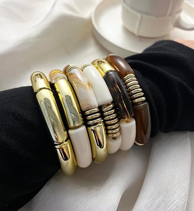 iF YOU 6pcs Chunky Acrylic Bangle Bracelets for Women, Resin Bamboo Brown Stretchy Bracelet Stack, Fashion Jewelry for Women