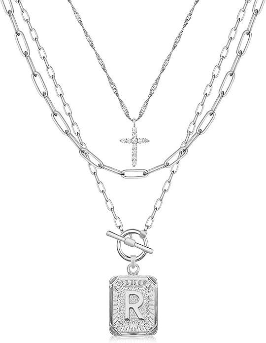 MJartoria Layered Initial Necklaces for Women Trendy, 14K Gold Plated Brass Simple Dainty Cross Choker Square Letter Pendant Necklace, Paperclip Chain Necklaces Jewelry