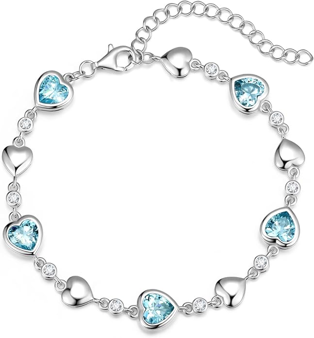 Carleen Birthstone Bracelets for Women 925 Sterling Silver Five Heart Station Created Gemstone Tennis Bracelet Jewelry Anniversary Birthday for Wife, 7"+1.2" Extender
