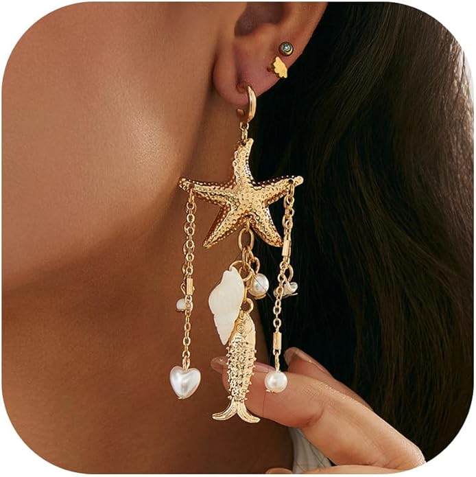 Gold Starfish Earrings for Women Trendy Dainty Starfish Statement Stud Earrings Hypoallergenic Summer Beach Ocean Coastal Jewelry