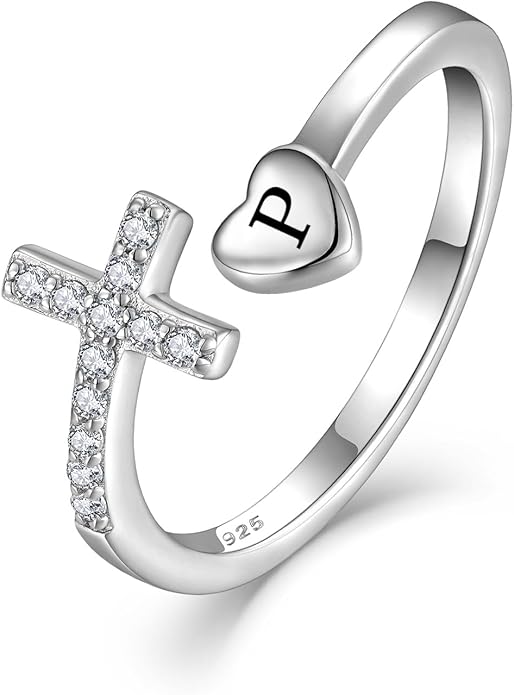 STARCHENIE Cross Initial Ring for Women 925 Sterling Silver Letters A-Z 26 Alphabet Adjustable Ring Size 7