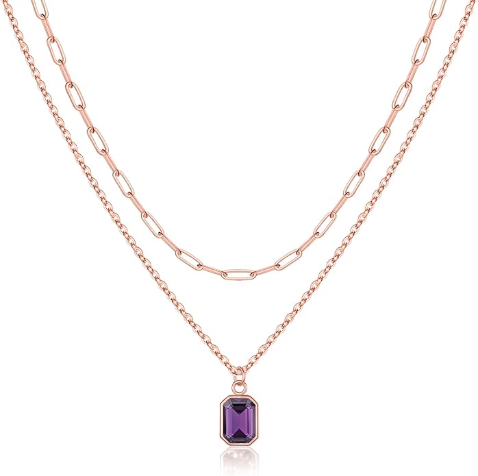 Layered Birthstone Necklace for Women Girls, 14K Gold-Plated Paperclip Chain Choker Necklace with Rectangle Birthstone Pendant Birthday Gifts for Women Girls Dainty Small
