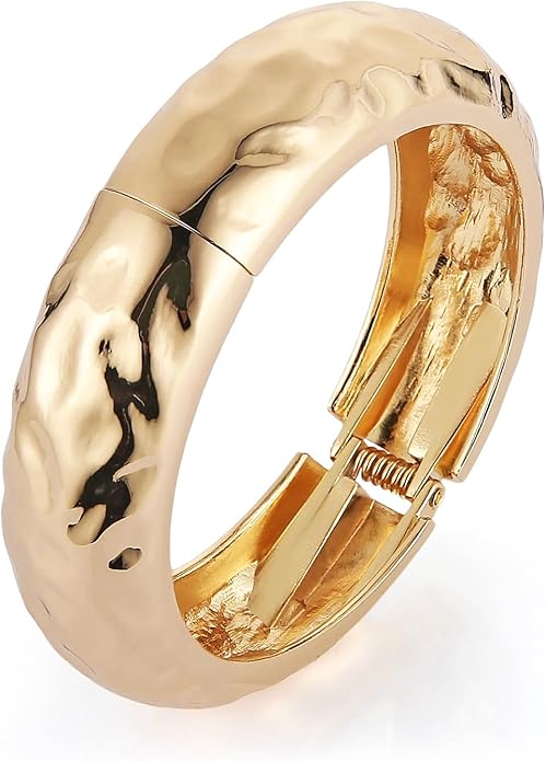 HZMAN 18K Gold Plated Wide Cuff Bracelet for Women - Premium Alloy Shiny Polished Double Layer Statement Bangle, Trendy Daily Wear Party Jewelry Accessory