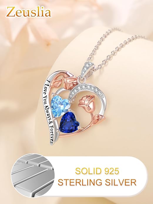 Valentine's Day Gifts for Wife 925 Sterling Silver Double Birthstone Pendant Necklaces I Love You for Always and Forever Necklace Anniversary Birthday Gifts for Wife Girlfriend Mom Her
