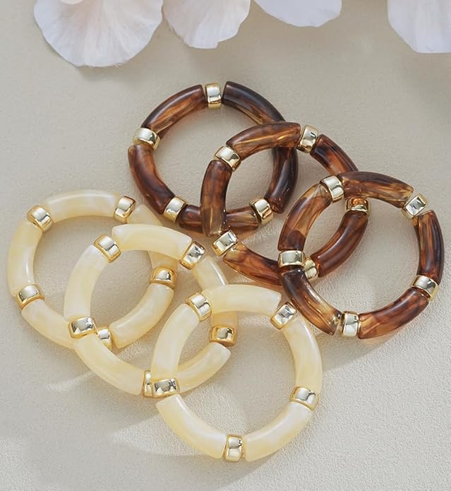 iF YOU 6pcs Chunky Acrylic Bangle Bracelets for Women, Resin Bamboo Brown Stretchy Bracelet Stack, Fashion Jewelry for Women