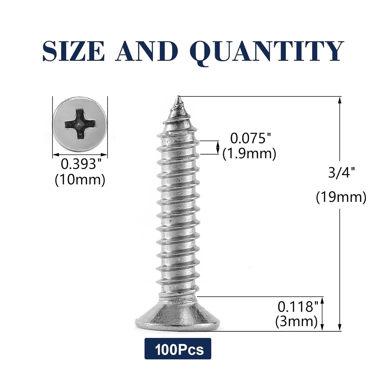 #12 x 3/4" Wood Screw 100Pcs 18-8 (304) Stainless Steel Screws Flat Head Phillips Fast Self Tapping Drywall Screws by SG TZH