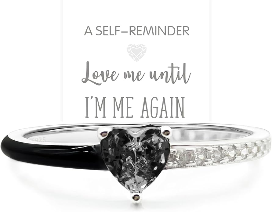 Love Me Until I'M Me Again Black Heart-Cut Half Enamel Ring, Black Heart Self-Love Ring, Jewelry Birthday Gifts for Women, Daughter, Wife, Friends