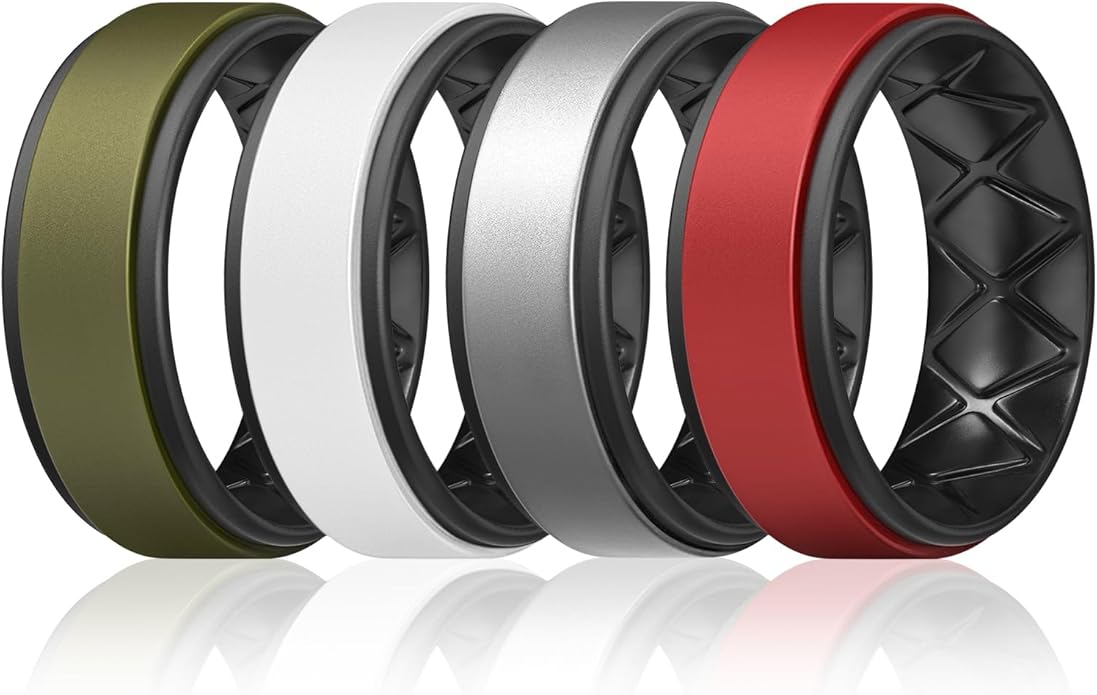 Egnaro Silicone Rings for Men 1/4/5/6/7 Multipack of Breathable Mens Silicone Rubber Wedding Rings Bands - Step Edge