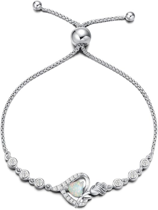 AGVANA Valentines Day Gifts Rosy Reverie Birthstone Bracelet for Women Sterling Silver Genuine or Created Gemstone Tennis Bracelet Rose Heart Jewelry Anniversary Birthday Gifts for Women Mom Wife Her