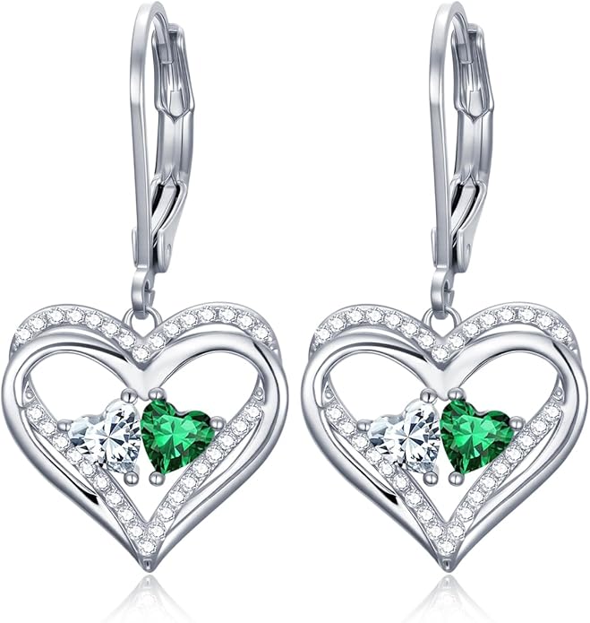 Valentines Day Gifts for Women, Heart Leverback Earrings Double Birthstone Dangle Earrings for Women, Love Jewelry for Her, Anniversary Birthday Gift for Mom Wife Girlfriend