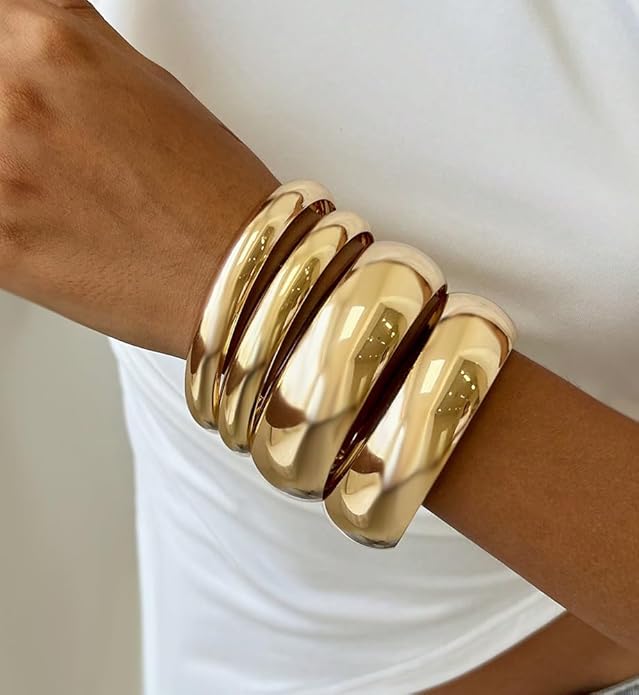 Chunky Gold Bangle Bracelets for Women, Dainty 14k Gold Plated Big Stackable Bangles Set, Trendy Cuff Bracelet Stack Fashion Jewelry Gifts