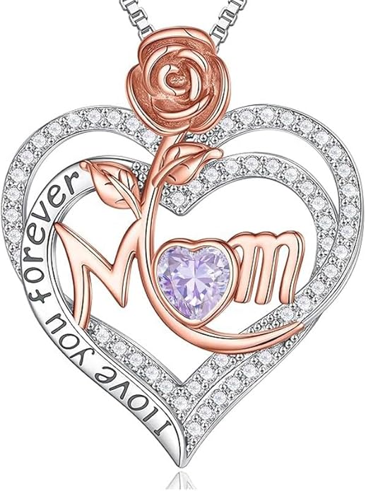 Rose Birthstone Gifts for Mom, S925 Sterling Silver Rose Heart Pendant Birthstone Necklace Mothers Day Valentines Day Christmas Birthday Jewelry Gifts for Mom