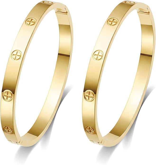 2Pcs 18K Gold-Plated Love Bangle Bracelets set for Women, Stainless Steel Cubic Zirconia Bangle Crystal Friendship Jewelry, Easter Wedding Birthday Gifts for Girlfriend, Wife, Monther