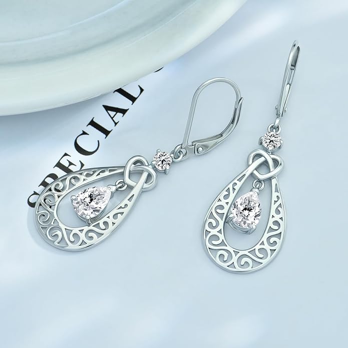 Teardrop Birthstone Dangle Drop Earrings Sterling Silver Infinity Filigree Leverback Earrings, Infinity Love Birthday Anniversary Valentines Day Gifts for Her Women Mom Wife