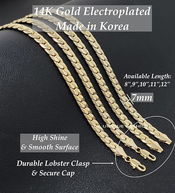 Gold Electroplated Anklet for Women, 9-12 Inch Sizes, Figaro, Cuban, Mariner, Herringbone Design - Made in Korea