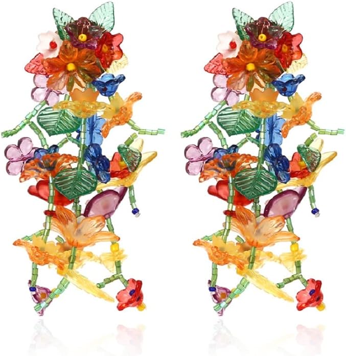 Hypoallergenic Rainbow Flower Floral Statement Dangle Earrings - Colorful Tassel, Beaded Leaf Cluster Drop Earrings